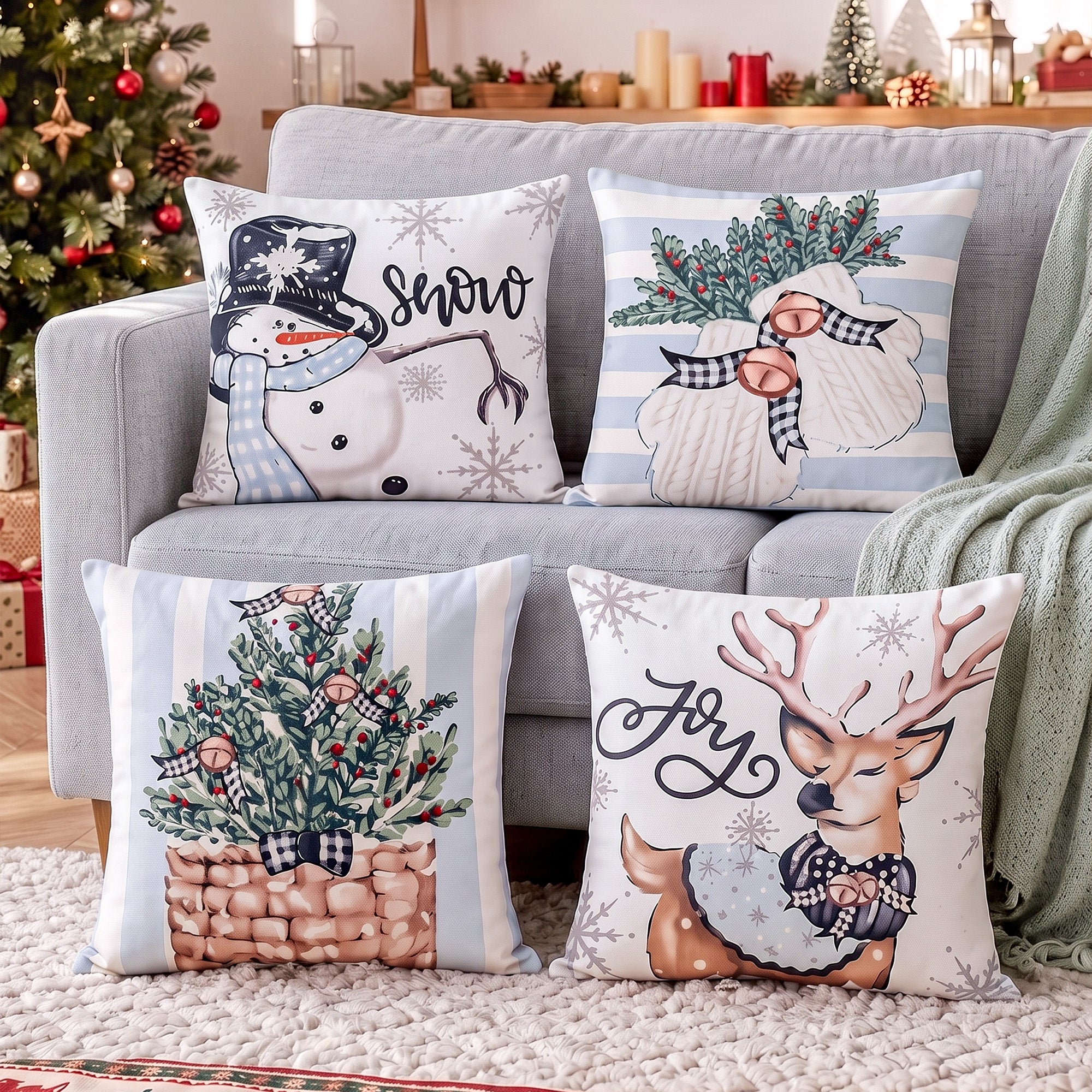 Jingle Jollys Christmas Cushion Covers Set of 4 Pillow Covers 45x45cm Blue