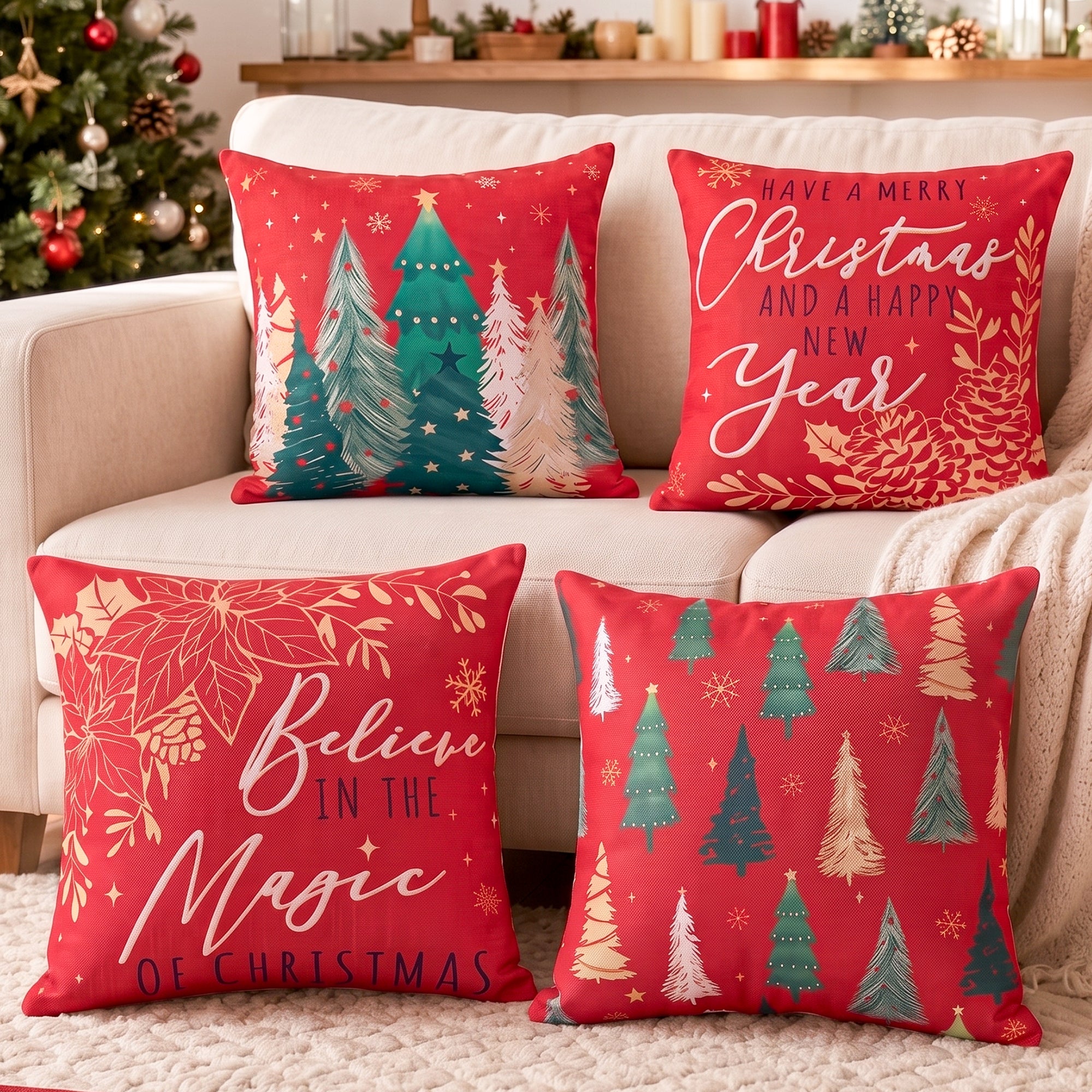 Jingle Jollys Christmas Cushion Covers Set of 4 Pillow Covers 45x45cm Red