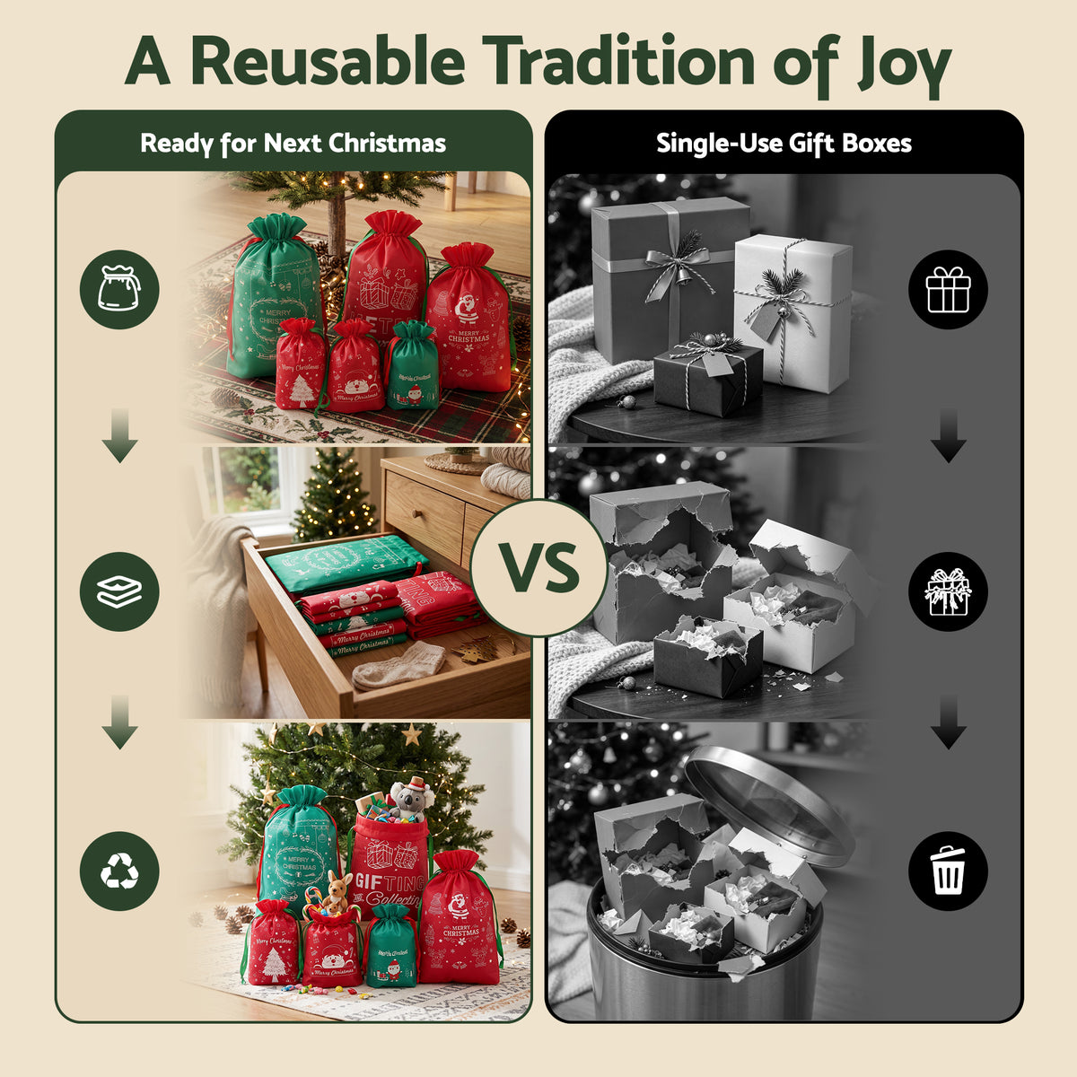 Jingle Jollys 6PCS Christmas Gift Bags Drawstring 2 Assorted Sizes Red & Green