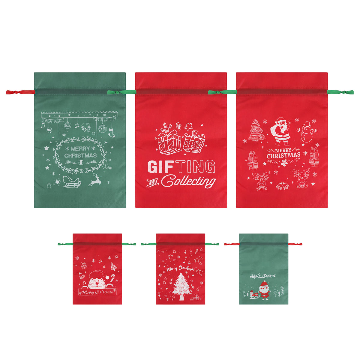 Jingle Jollys 6PCS Christmas Gift Bags Drawstring 2 Assorted Sizes Red & Green