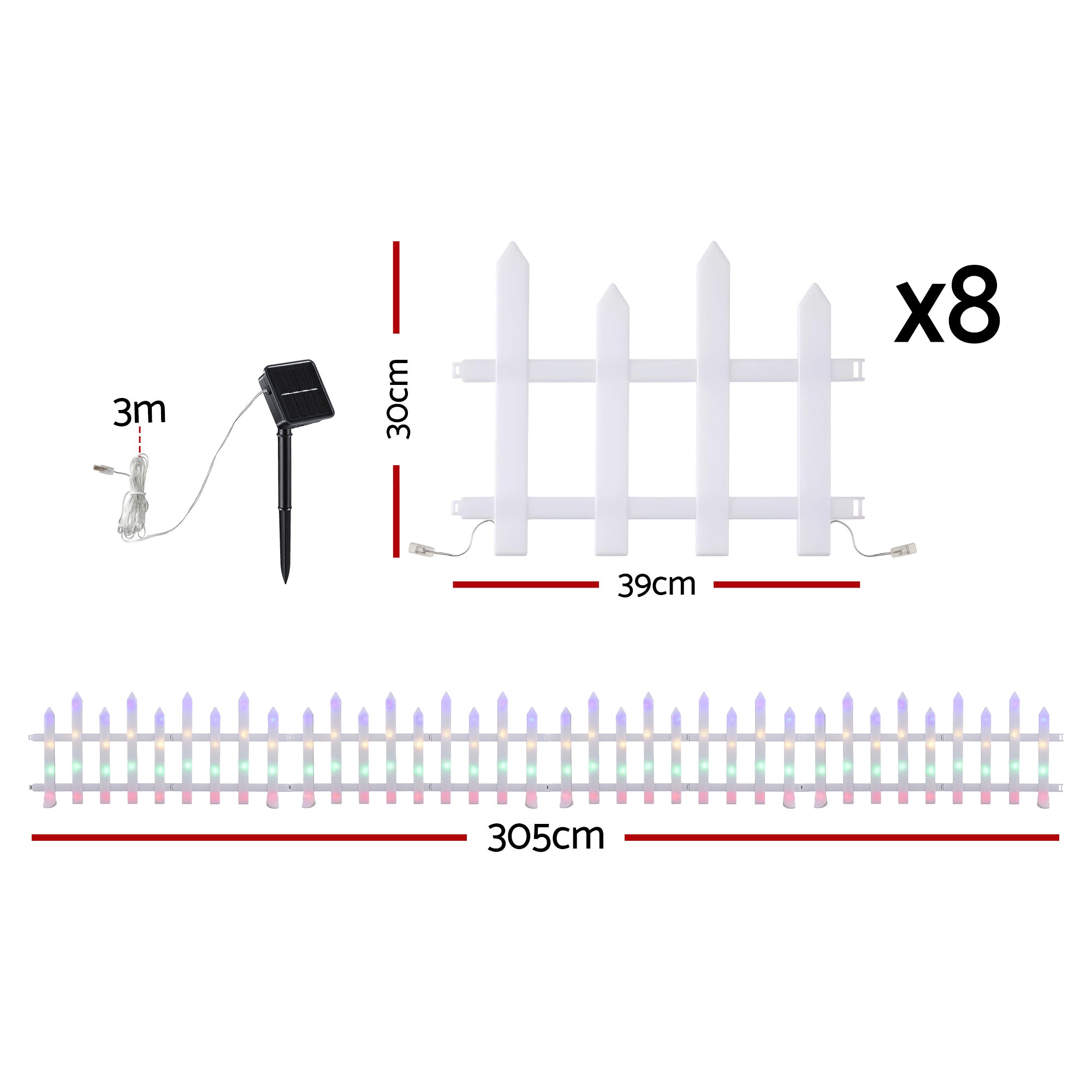 Jingle Jollys 3m Solar Christmas Fence Lights Outdoor Garden Path Decor Multicolour 8pc