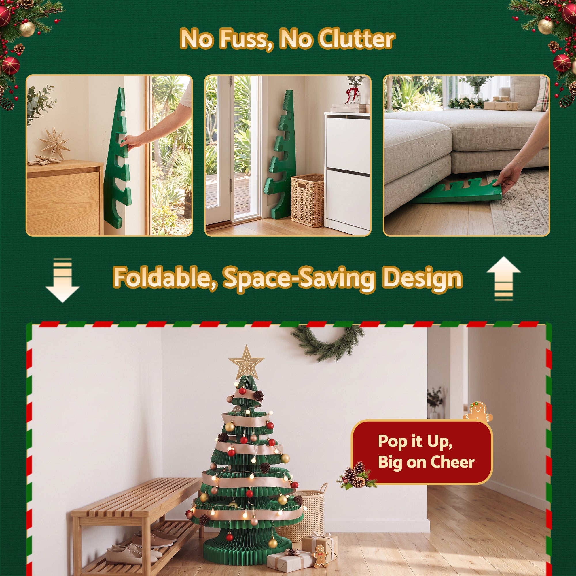 Jingle Jollys Paper Christmas Tree 87CM w/ Star Topper LEDs Xmas Decorations Kit Home Office Green