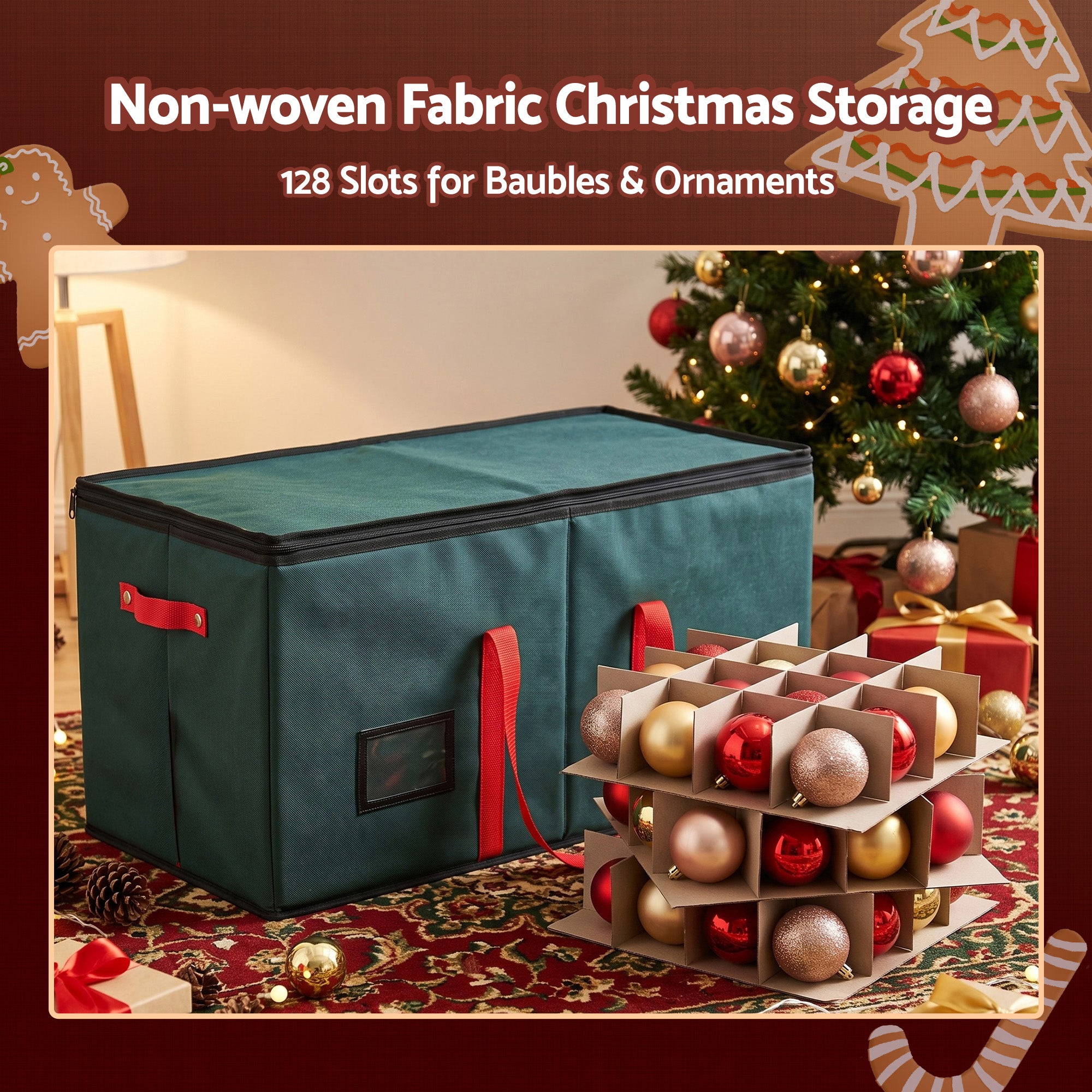 Jingle Jollys Christmas Baubles Storage Box 128 Slots Decor Ornaments Container Green