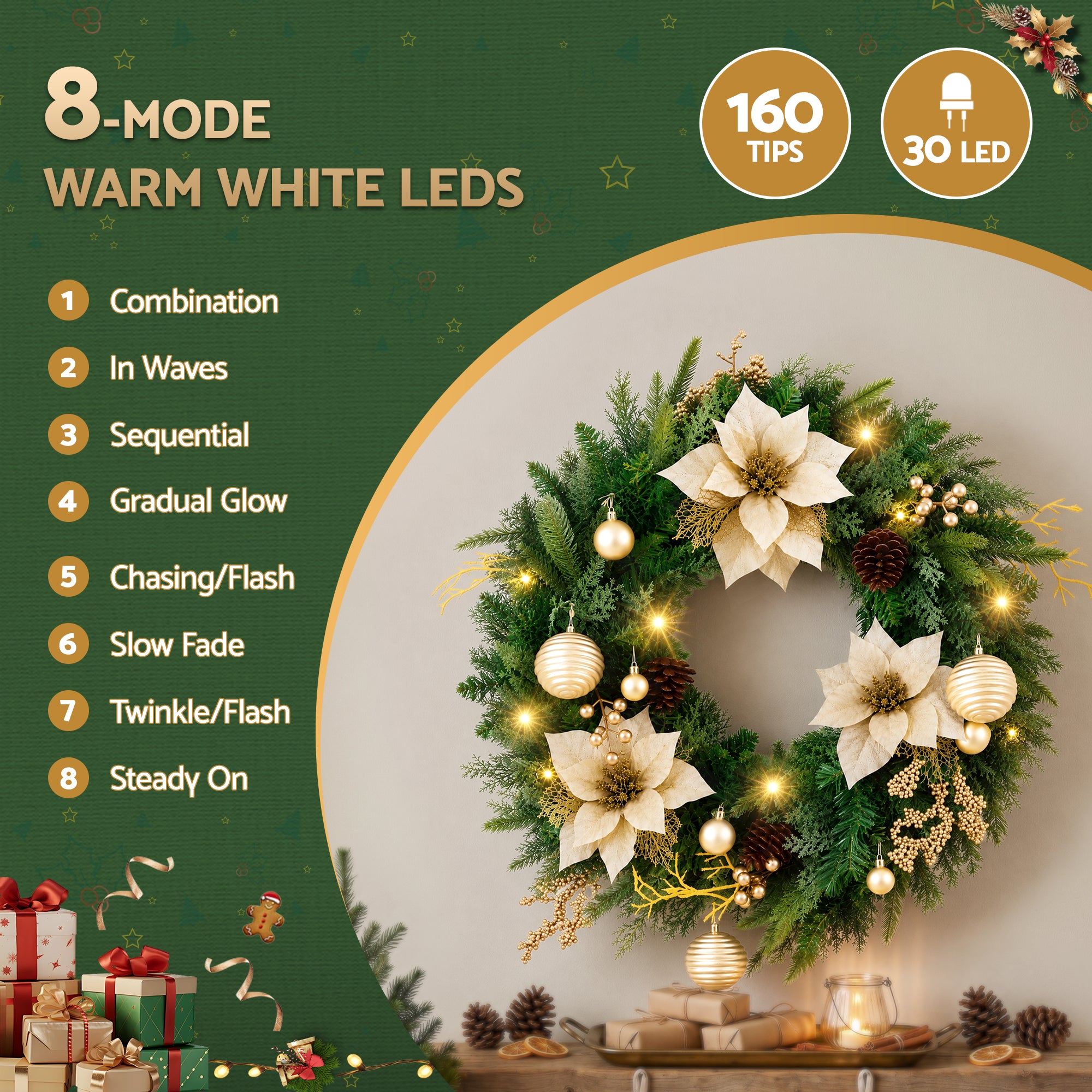 Jingle Jollys 60cm Pre-Lit Christmas Wreath LED Garlands Gold Flowers Pinecones Decor