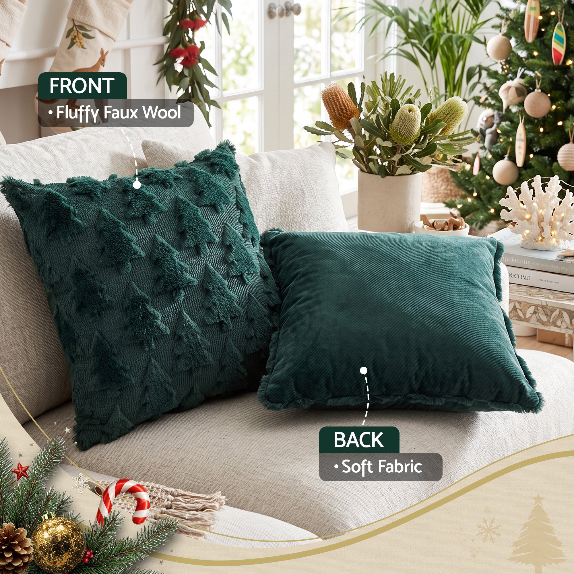 Jingle Jollys Christmas Tree Pillow Covers 2 Packs Cushion Covers Green
