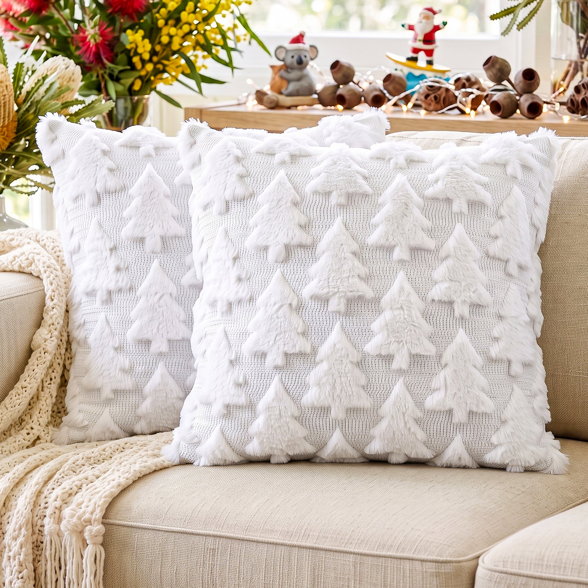 Jingle Jollys Christmas Tree Pillow Covers 2 Packs Cushion Covers White