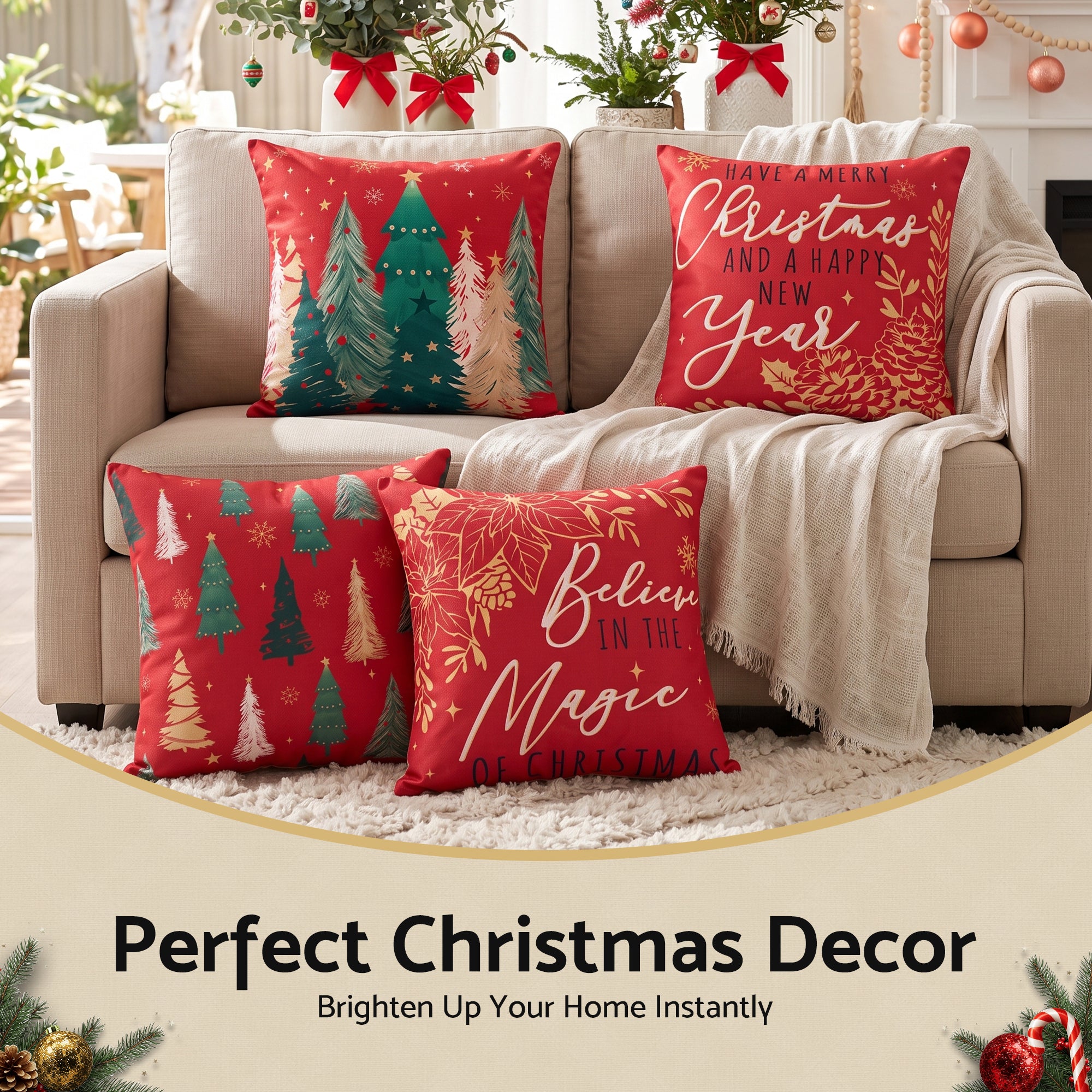 Jingle Jollys Christmas Cushion Covers Set of 4 Pillow Covers 45x45cm Red