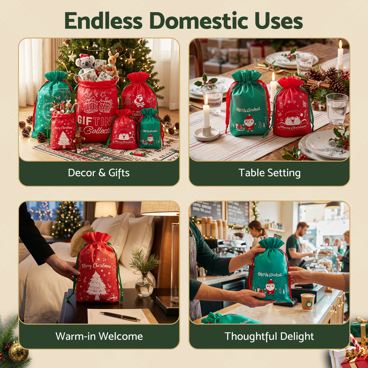 Jingle Jollys 6PCS Christmas Gift Bags Drawstring 2 Assorted Sizes Red & Green