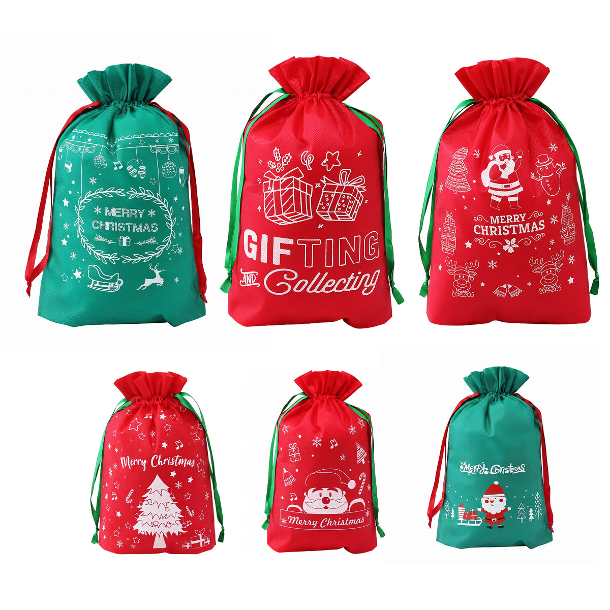 Jingle Jollys 6PCS Christmas Gift Bags Drawstring 2 Assorted Sizes Red & Green