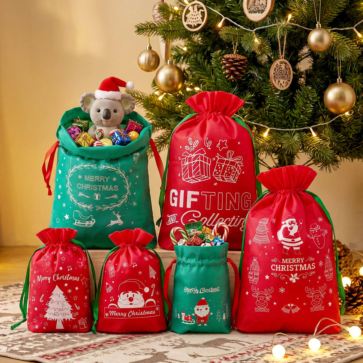 Jingle Jollys 6PCS Christmas Gift Bags Drawstring 2 Assorted Sizes Red & Green