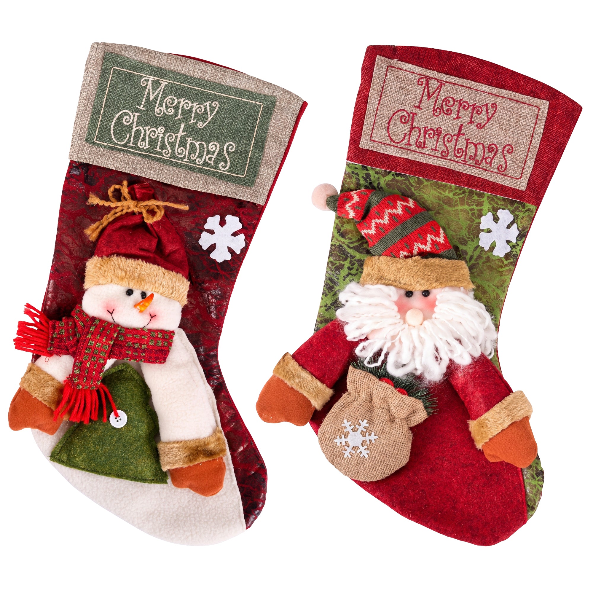 Jingle Jollys Christmas Stockings 2 Pack Large 3D Plush Santa Snowman 43.5cm Christmas Decor for Family Holiday Christmas Party Decorations