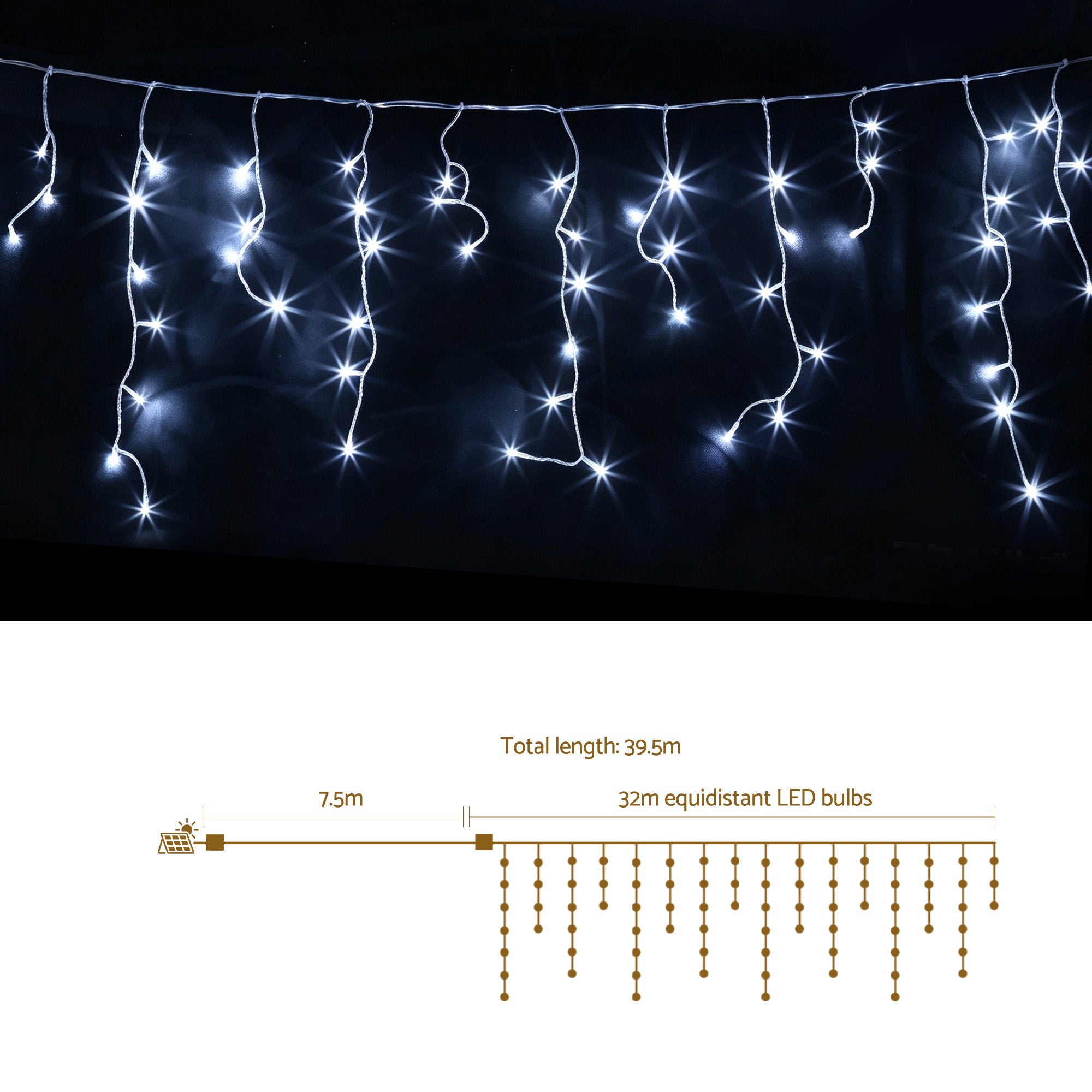 Jingle Jollys 32M Christmas Lights Solar Icicle String Lights 960 LED Cool White