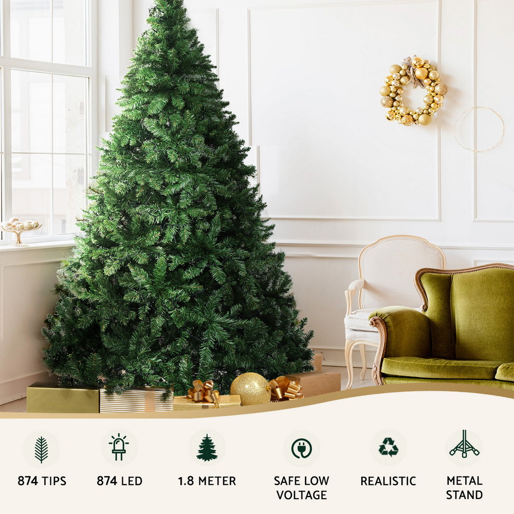 Jingle Jollys Christmas Tree 1.8m LED Xmas Tree Decorations 874 Tips 8 Modes