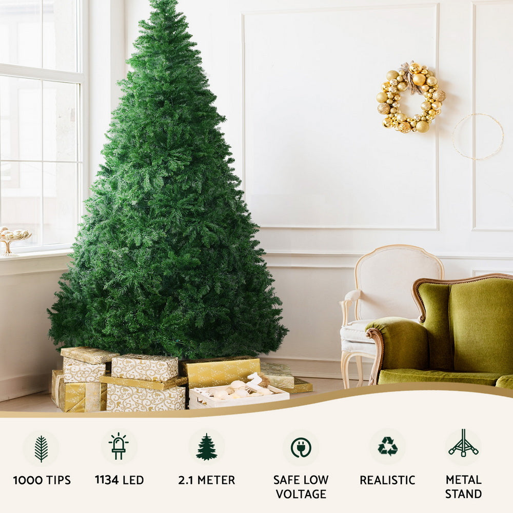 Jingle Jollys Christmas Tree 2.1m Xmas Tree Decoration 9 Light Modes Dual Colour