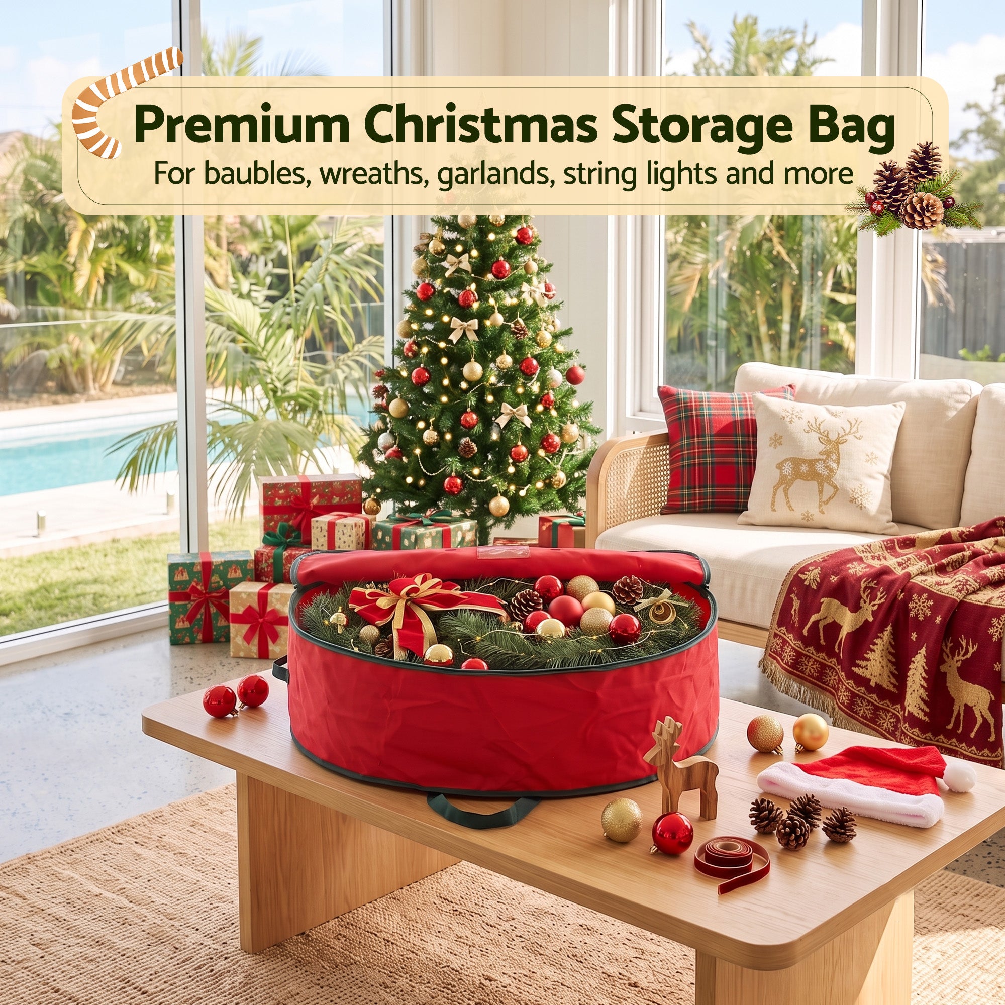 Jingle Jollys Christmas Garland Wreath Storage Bag Baubles Ornaments Container Red