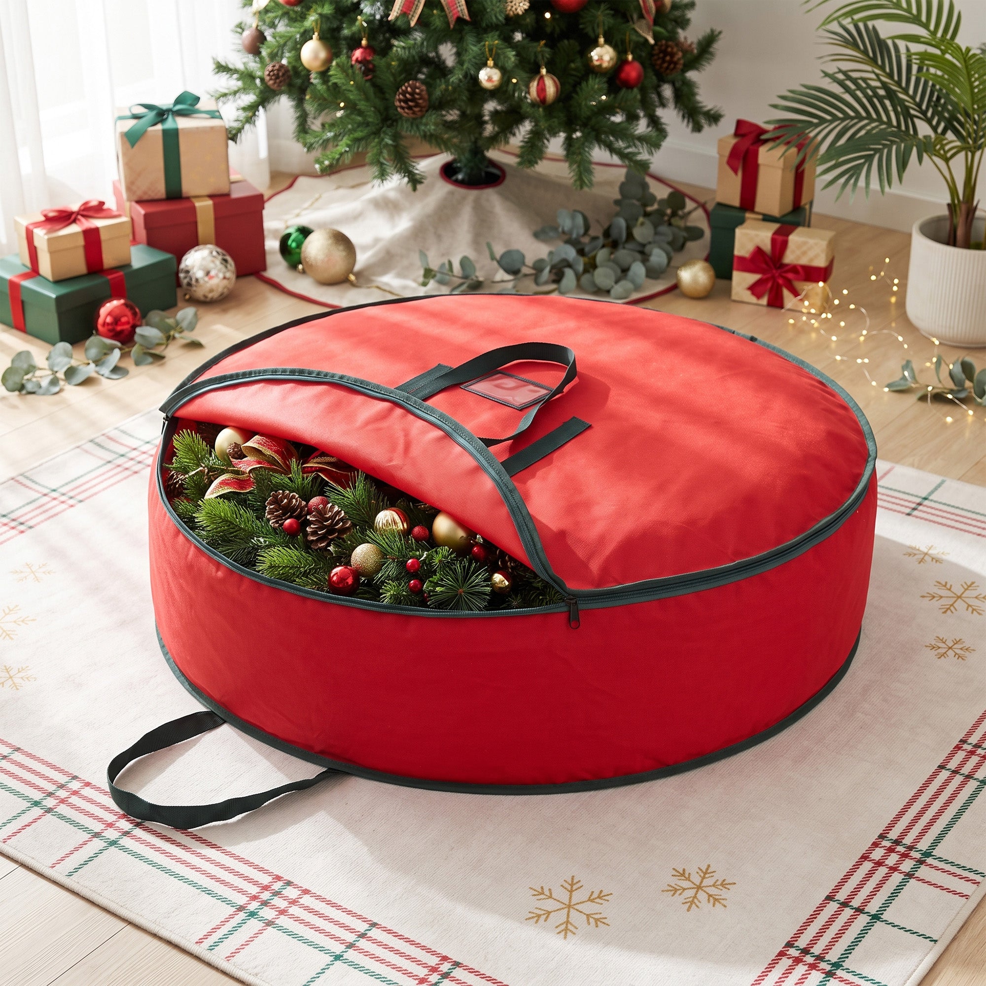 Jingle Jollys Christmas Garland Wreath Storage Bag Baubles Ornaments Container Red