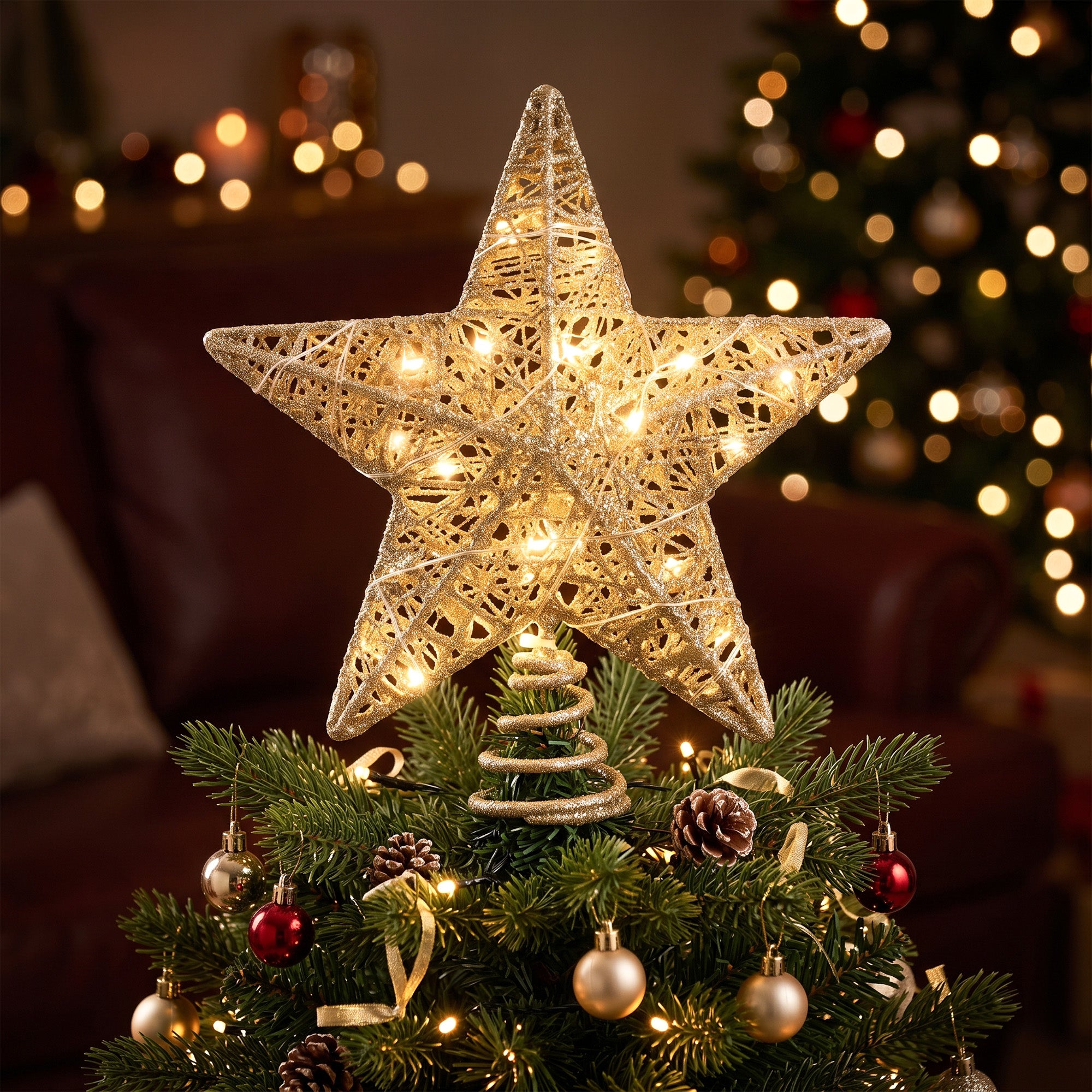 Jingle Jollys 3D Christmas Tree Topper Star 20 Warm LED Lights Gold Glitter