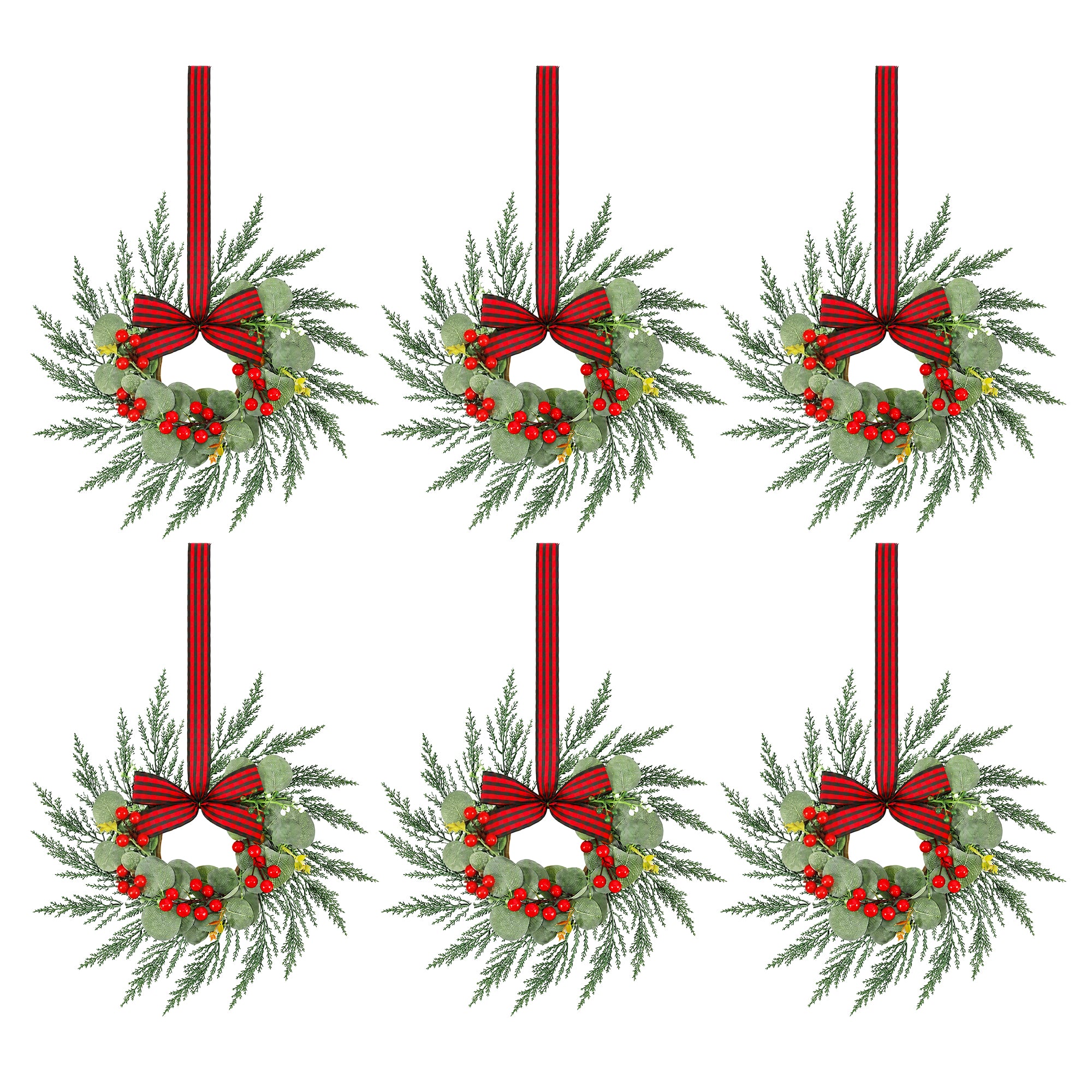 Jingle Jollys 6x Christmas Wreath Garland 26cm Pre-lit Wreaths Red Berries Bow