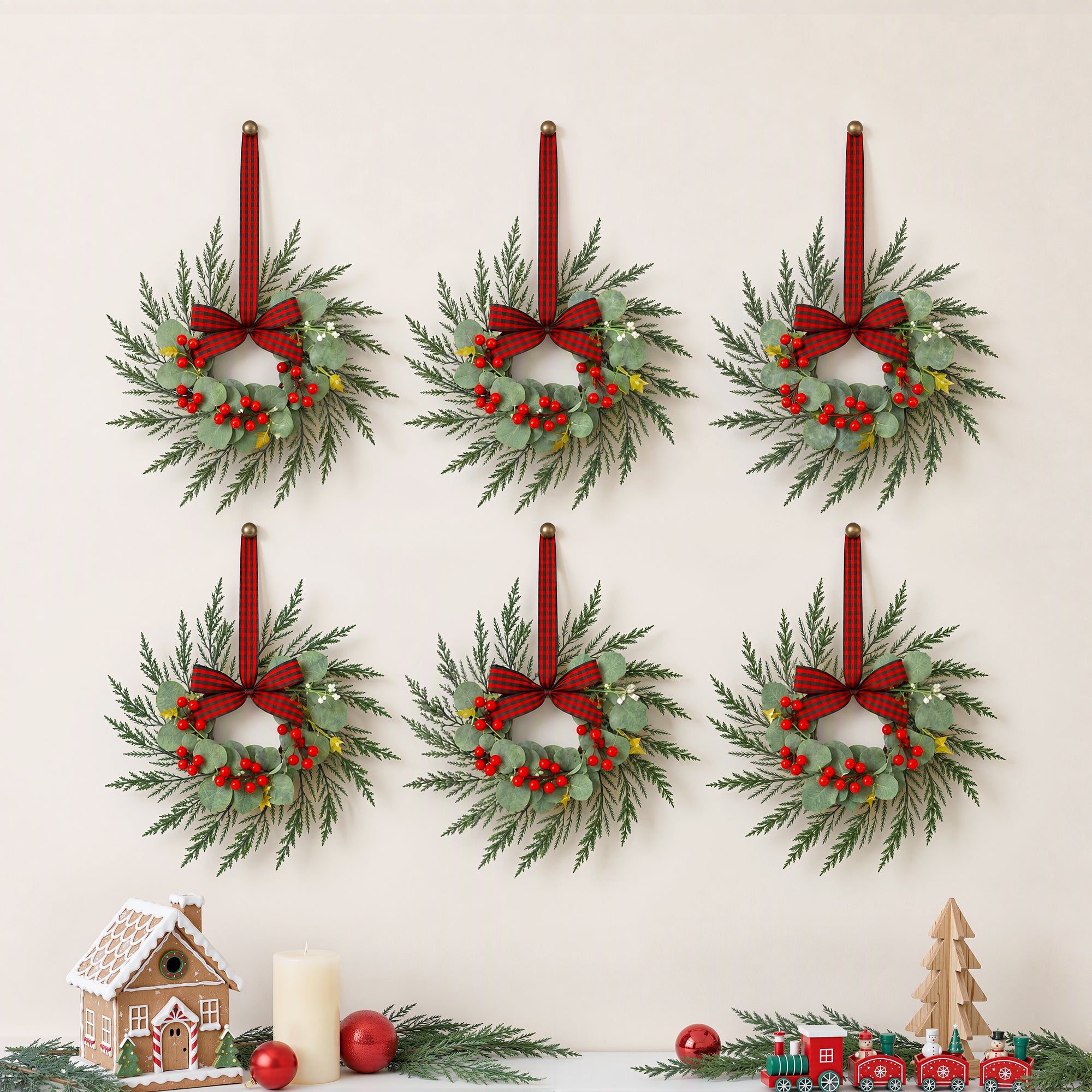 Jingle Jollys 6x Christmas Wreath Garland 26cm Pre-lit Wreaths Red Berries Bow