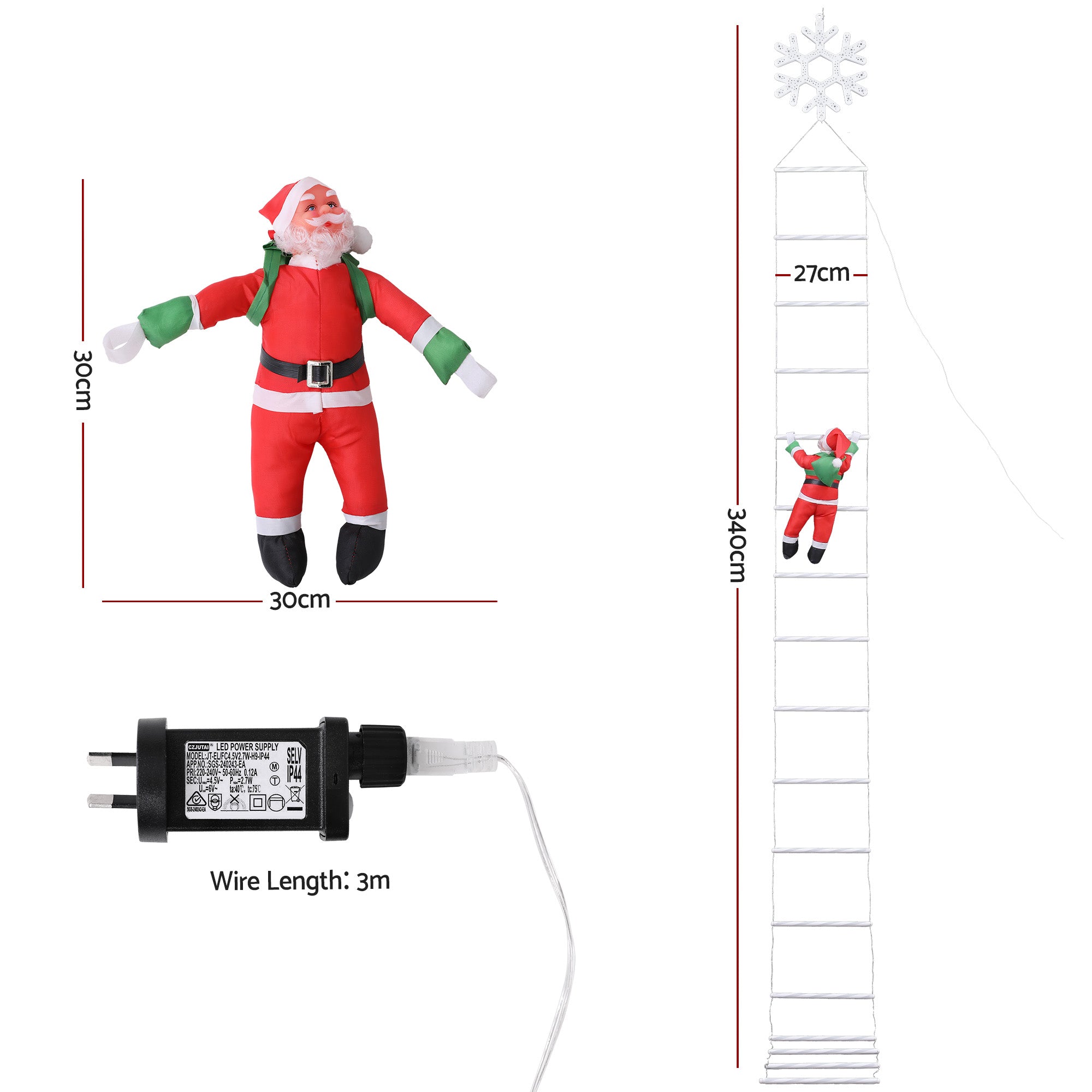 Jingle Jollys Christmas Ladder Lights Santa 3.4m 328LED Hanging Decor Cool White