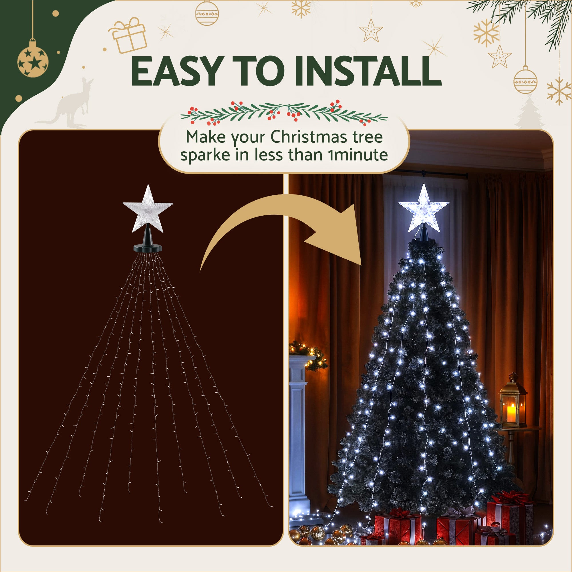 Jingle Jollys 2.5M Christmas Tree Lights Christmas Lights Tree Topper Waterfall Fairy Lights White
