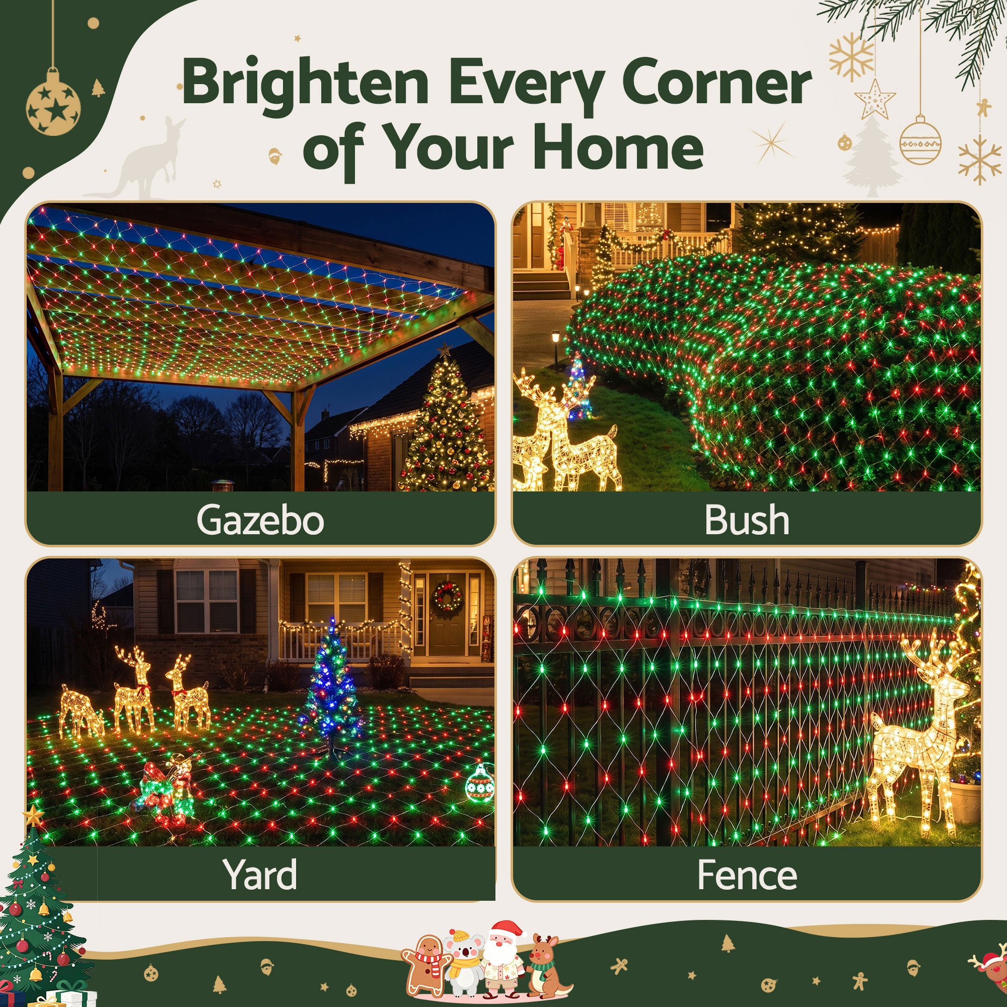 Jingle Jollys Christmas Lights 6x4m Christmas Net Lights 1000LED Red Green Festive Lighting