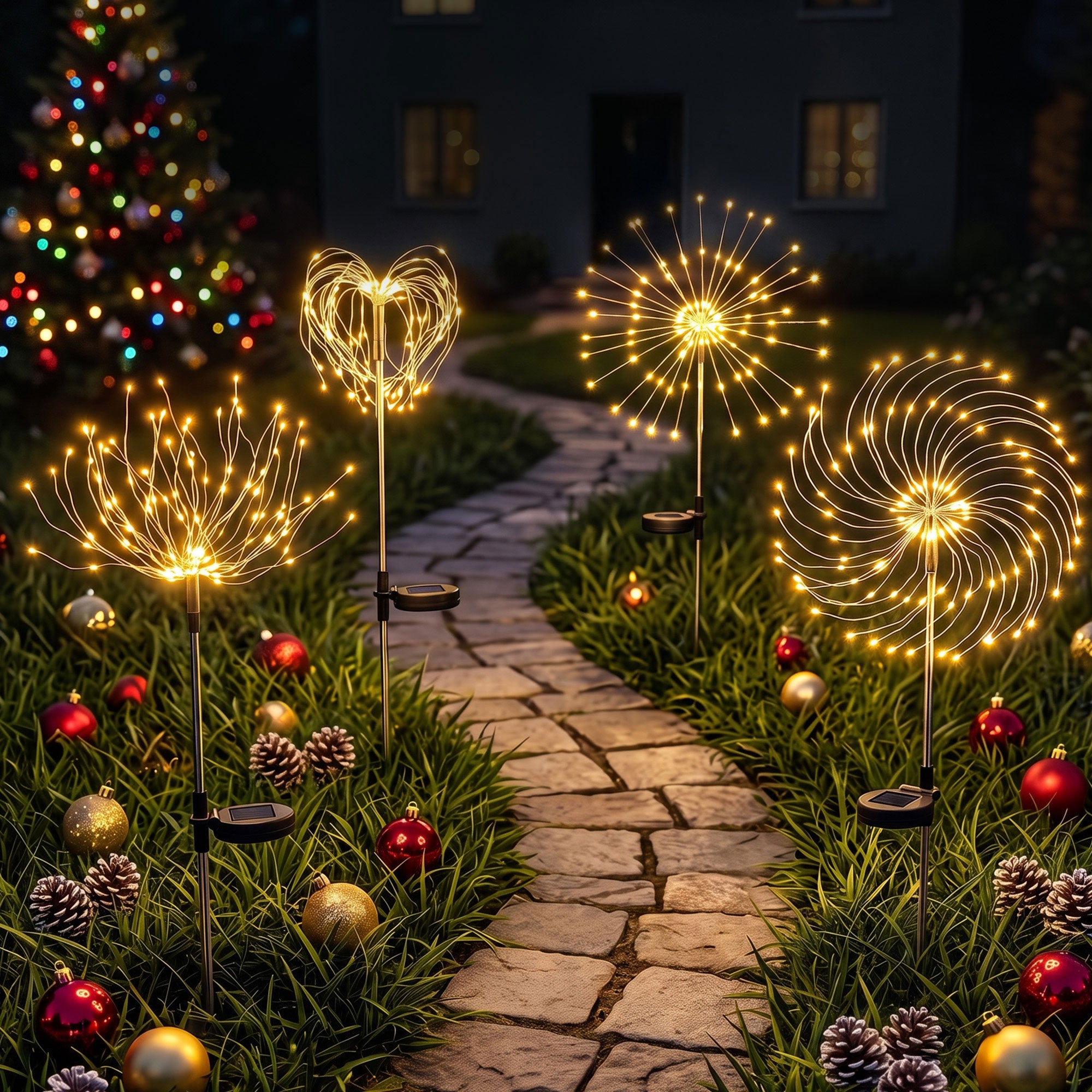 Jingle Jollys 4 Pack Christmas Lights Solar Firework Outdoor Garden Lights DIY Decoration Warm White